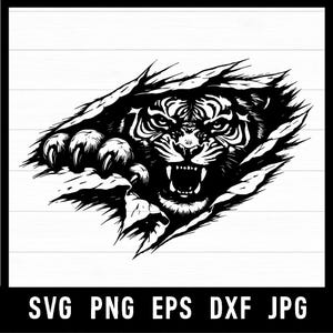 May include: A black and white illustration of a tiger bursting through a torn surface, showcasing its fierce expression and claws. The image includes the text "SVG PNG EPS DXF JPG" at the bottom, indicating file formats.