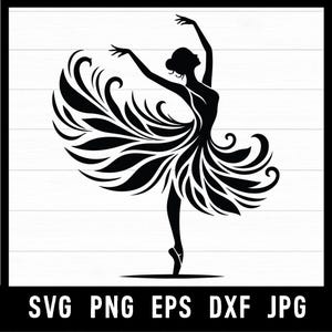 Peut inclure: Silhouette noire d'une ballerine dans une pose gracieuse, les bras levés et une jambe tendue. La robe de la danseuse est un tourbillon stylisé de feuilles. Le texte "SVG PNG EPS DXF JPG" est en bas.