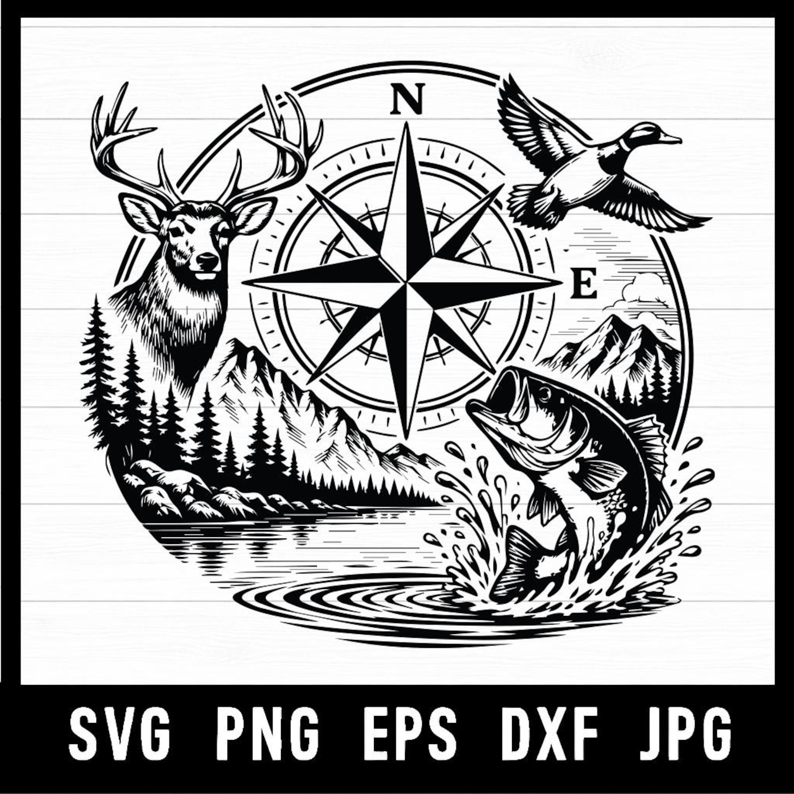Wild North Compass SVG PNG – Deer Duck Fish Compass Rose – Hunting ...