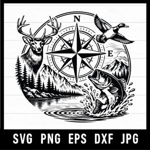 May include: Black and white outdoor-themed graphic featuring a deer, duck, and fish, with a compass rose in the centre. Mountains and trees are also included in the design. The bottom of the image includes the text "SVG PNG EPS DXF JPG".