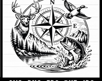 Wild North Compass SVG PNG – Deer Duck Fish Compass Rose – Hunting & Fishing Outdoor Design – Laser Engraving Hat Patch File