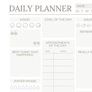 Peut inclure: Un planificateur quotidien avec des sections pour l'humeur, l'objectif du jour, les rendez-vous, l'apport en eau, le mot du jour, les reconnaissances, les notes, les appels et les e-mails, et pour demain. Le planificateur comprend également des sections pour la météo et les choses à retenir.