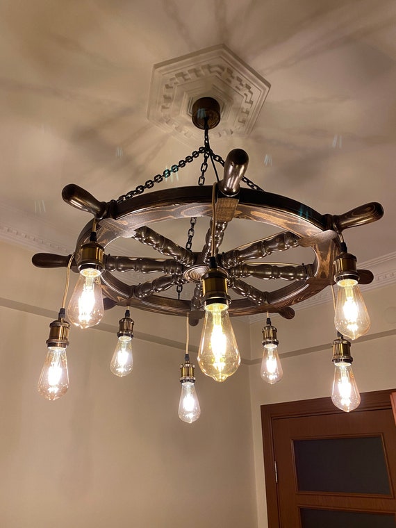Ship Wheel Chandeiler rustic Farmhouse Light Fixture wood Pendant