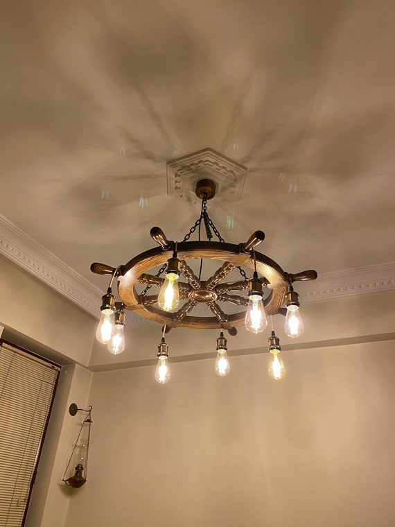 Ship Wheel Chandeiler rustic Farmhouse Light Fixture wood Pendant