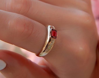 14K gouden ring met robijnrode diamant, geboortesteensieraden september