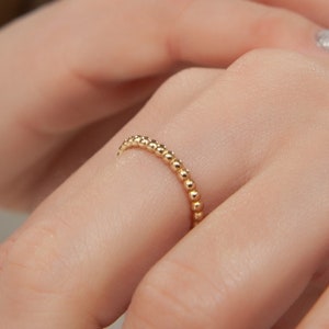 14K Gold Beaded Ring, Dainty Minimalist Stacking Ring