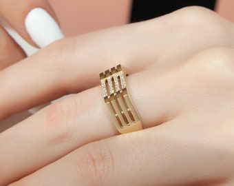 Anillo geométrico de oro de 14 quilates con diamantes – Joyería moderna de múltiples filas