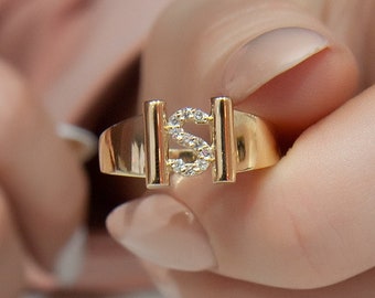 14K Gold Diamond Initial Ring, Personalized Letter S Ring