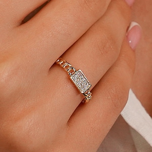 14K Solid Gold Chain Ring, Pave Diamond Chain Ring, Diamond Link Ring, Stackable Diamond Chain Ring, Birthday Gift, Christmas Gift