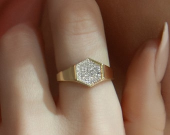 14K Gold Hexagon Diamond Ring, Geometric Pave Band