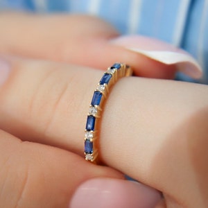14K Solid Gold Diamond Sapphire Ring, Sapphire Diamond Ring, Dainty Sapphire Ring, Sapphire Pave Ring, Eternity Ring, Sapphire Wedding Band