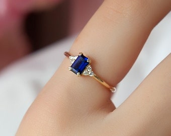 14K Gold Emerald Cut Sapphire Ring, Gold Sapphire Ring, Sapphire Engagement Ring, Birthstone Ring, Dainty Ring Anniversary Gift Wedding Ring
