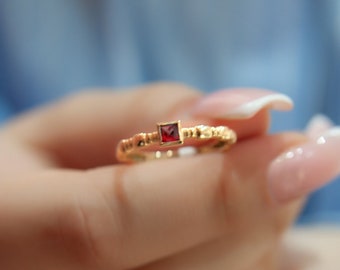14K Gold Square Ruby Ring, Minimalist Stacking Ring