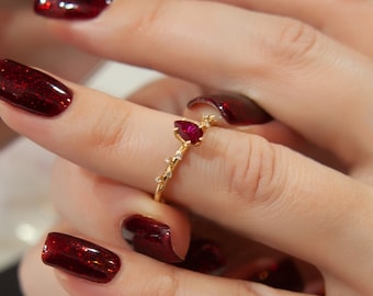 Vintage Pear Cut Ruby Engagement Ring, Dainty 14K Gold Diamond Band