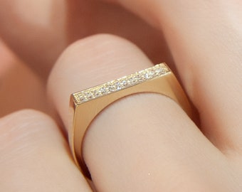 Anillo de barra con diamantes pavé de oro de 14 quilates, joyería moderna de declaración