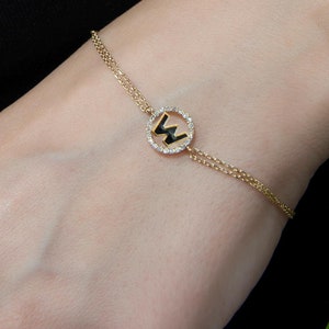 Pulsera con inicial W en oro de 14 quilates, pulsera de esmalte negro, joyería personalizable para mujer, regalo personalizado elegante, pulsera con letra W de diamantes