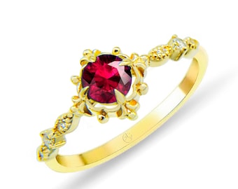 14K Gold Rubin Blumenring mit Diamant Intricate Band
