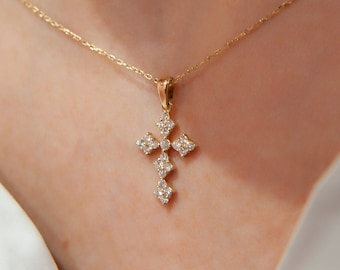 Collar con colgante de cruz de oro macizo de 14 quilates y diamantes, delicado regalo de bautizo