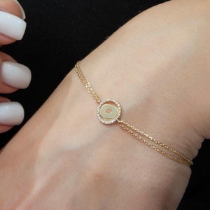 Pulsera de diamantes en oro de 14 quilates, dije con inicial O, pulsera de oro blanco, pulsera con la letra O en oro, idea de regalo de Navidad, pulsera de dama de honor