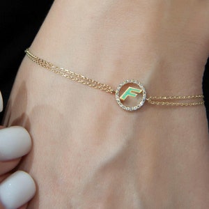 Pulsera inicial de oro de 14 quilates, joyería personalizada para mujer, pulsera con letra F de diamantes, pulsera de oro blanco, pulsera de dama de honor, pulsera de oro delicada