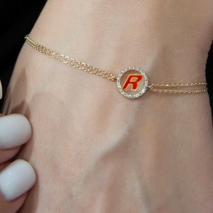 Pulsera con inicial R de diamante, pulsera de oro blanco de 14 quilates, delicada cadena doble, pulsera de oro con letra R, idea de regalo de Navidad, dije con inicial de diamante