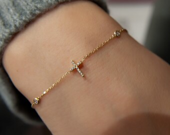 Pulsera de oro macizo de 14 quilates con cruz de diamantes, joyería religiosa