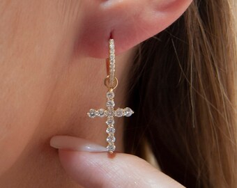 Pendientes de aro colgantes con cruz y diamantes de 14 quilates, regalo religioso