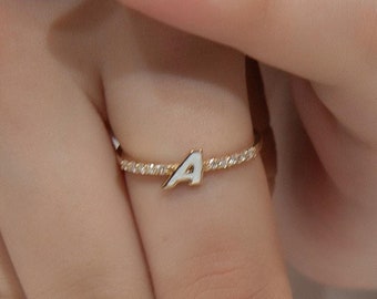 14K Gold Diamond Initial Ring, Personalized Letter Ring