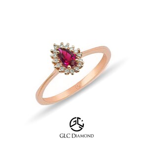 14K Solid Gold Diamond Pear Cut Ruby Solitaire Ring, Ruby Ring ...