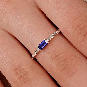 14K Gold Diamond Baguette Sapphire Ring, Pave Diamond Ring, Gold Pave Ring, Half Band, Sapphire Wedding Band, Sapphire Engagement Ring