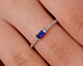 14K Gold Diamond Baguette Sapphire Ring, Pave Diamond Ring, Gold Pave Ring, Half Band, Sapphire Wedding Band, Sapphire Engagement Ring