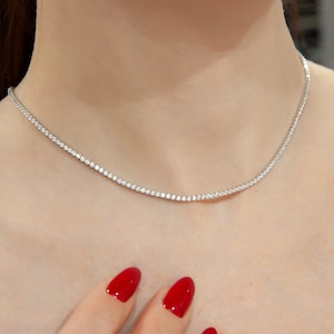 14K White Gold Tennis Necklace, Chain Necklace, Choker Necklace, Wedding Necklace, Bridal Eternity Necklace, Tennis Choker