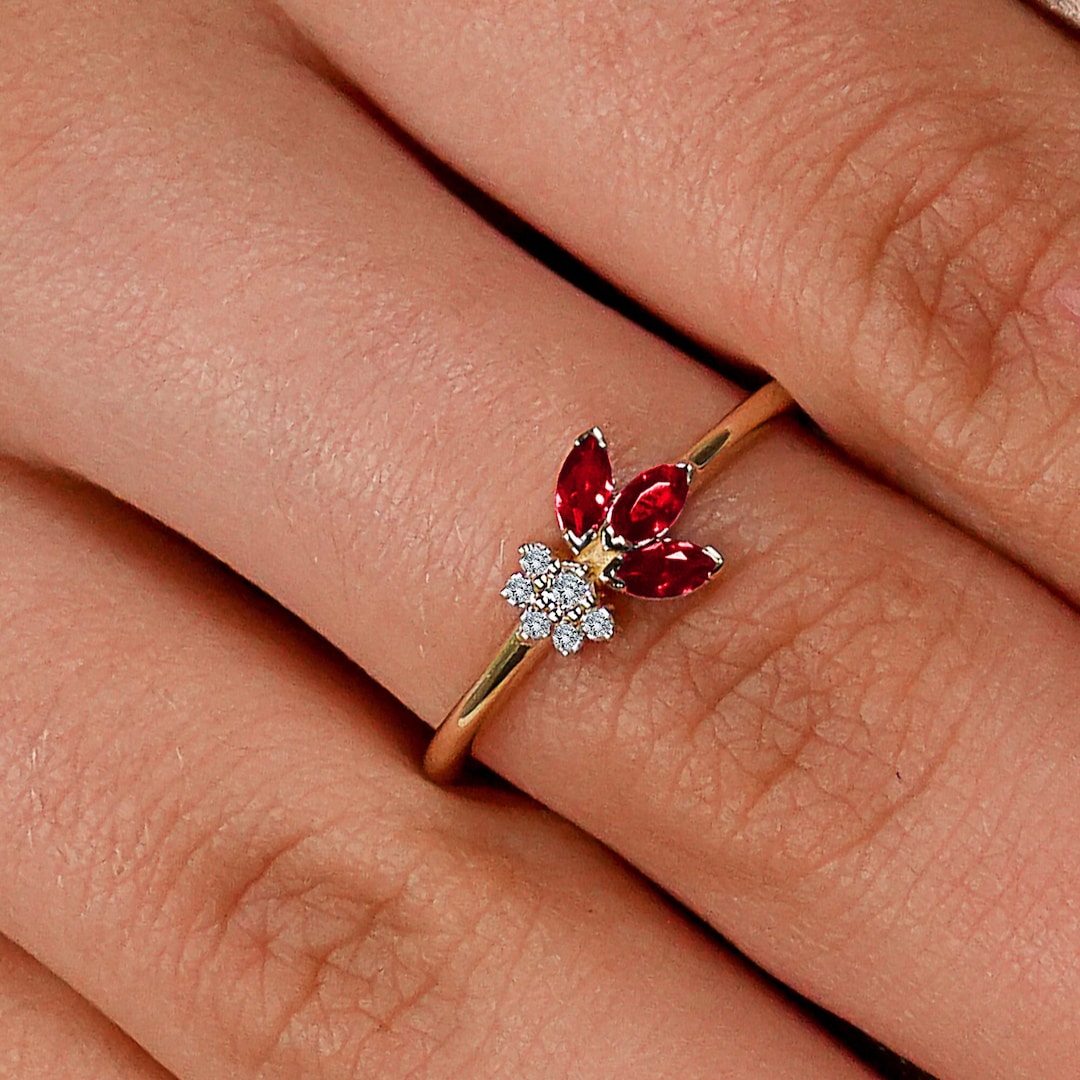 Diamond Ruby Flower Ring, 14K Gold Everyday Ring, Ruby Jewelry ...