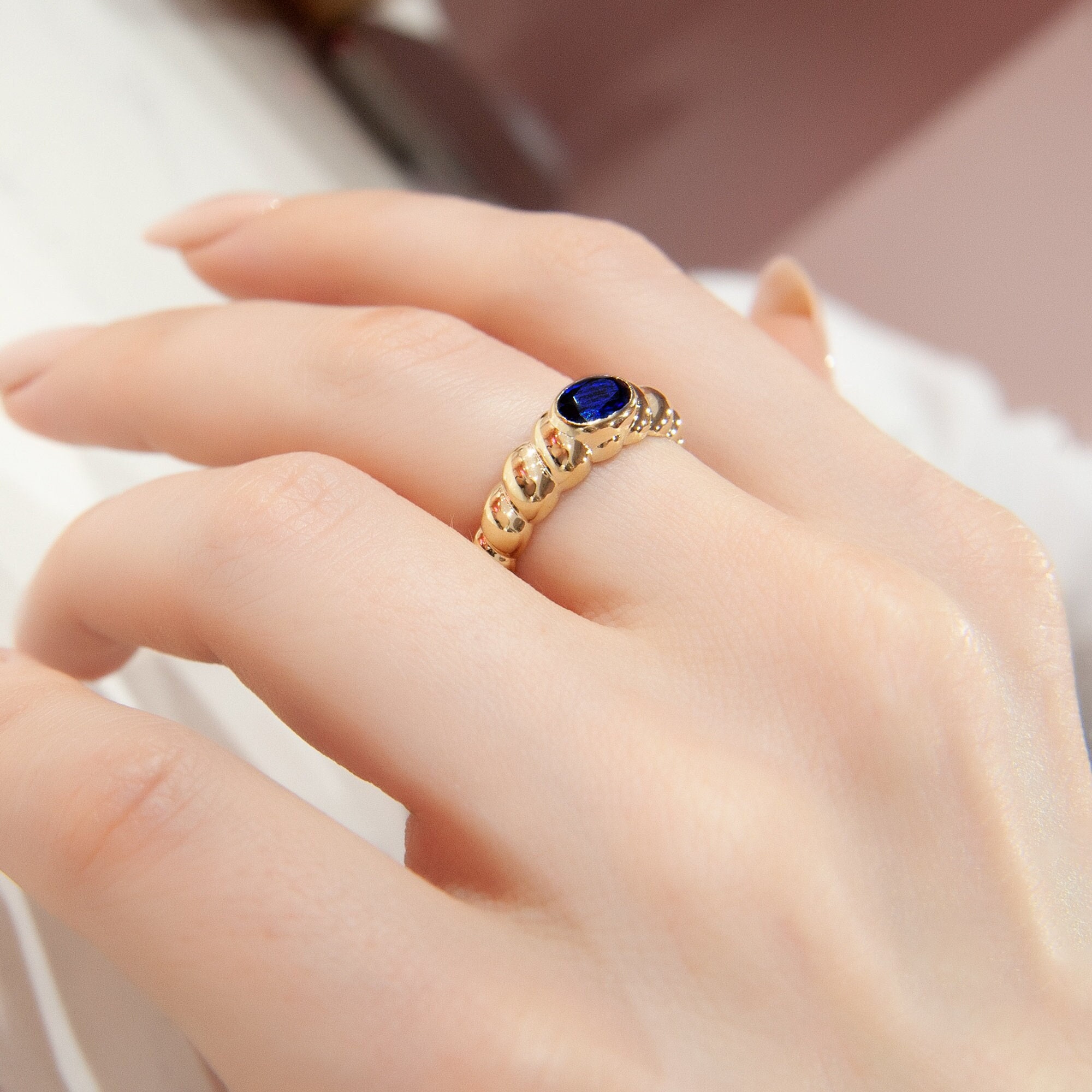 14K Solid Gold Ring with Blue Sapphire Stone, Braided Band Ring, Handmade Elegant Jewelry, Vintage-Inspired Minimalist Ring, Gift for Her