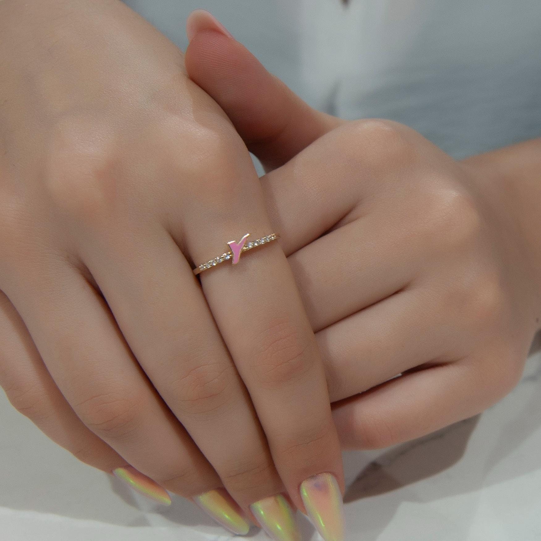14K Gold Diamond Initial Ring: Pink Enamel Letter Y Stackable Ring