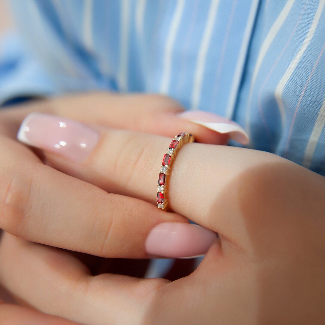 14K Gold Ruby Diamond Ring, Pave Eternity Wedding Band - Etsy