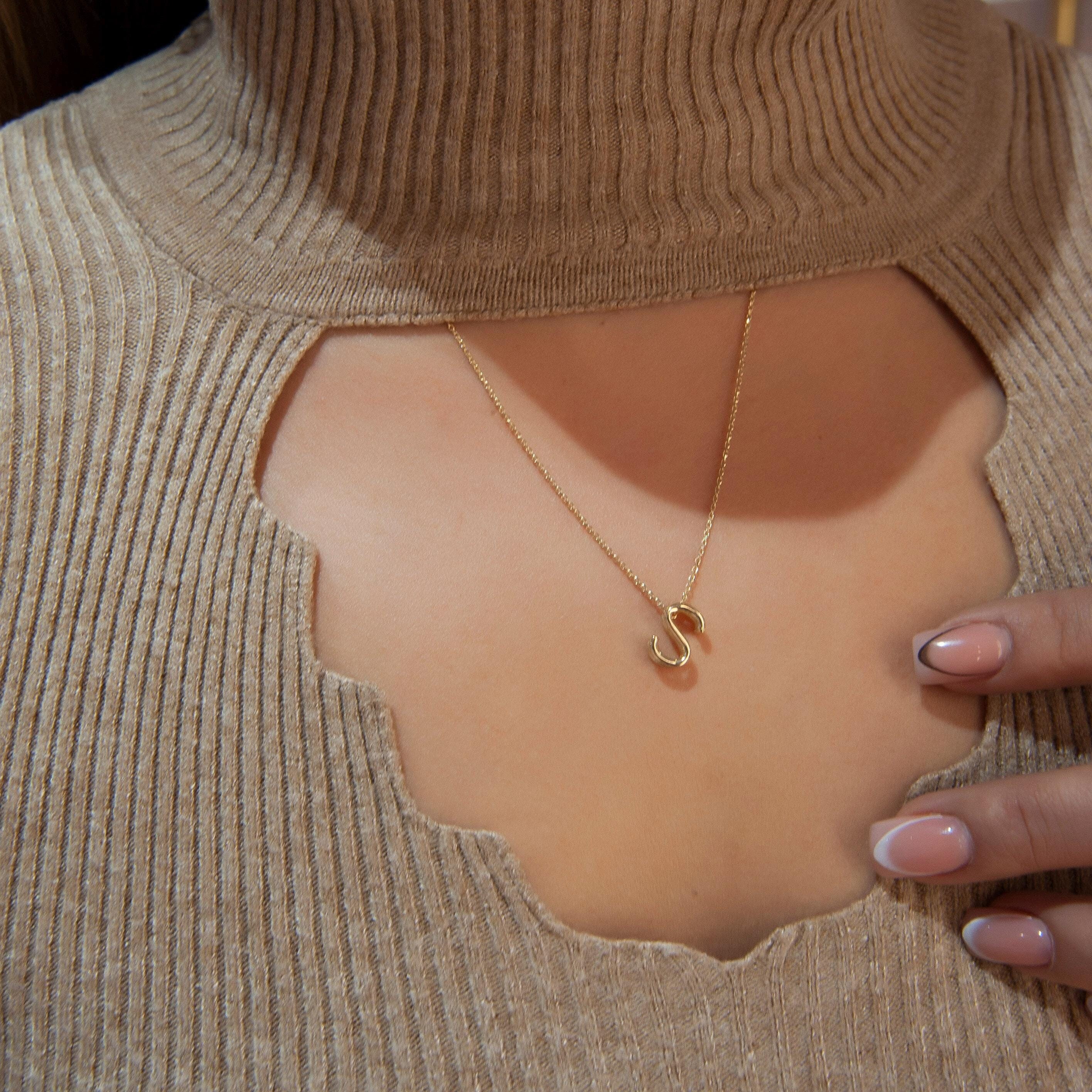 14K Gold Necklace, Initial S Pendant, Dainty Gold Jewelry Gold Letter S Necklace, Rose Gold Name Necklace, Graduation Gift