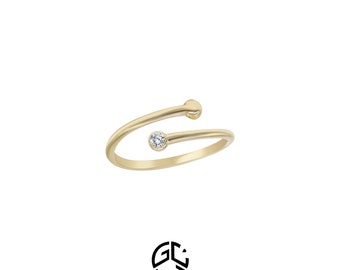 14K Solid Gold Diamond Open Cuff Ring, Minimalist Joint Ring