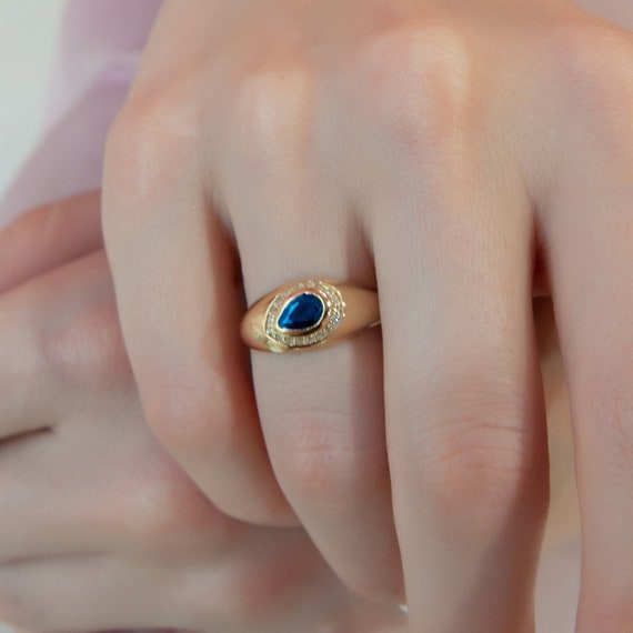 14K ゴールド ブルー サファイア & ダイヤモンド ペアシェイプ 