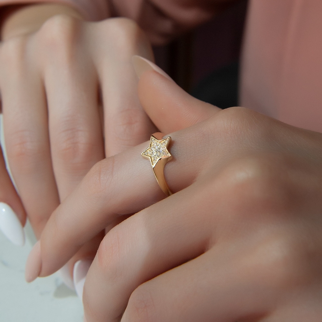 14K Gold Diamond Star Ring, Pavé Celestial Jewelry - Etsy