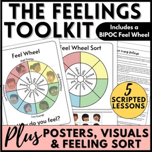 Feelings wheel with lessons, diverse social emotional lessons, identifying feelings and emotions, feelings sort, BIPOC feeling wheel