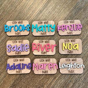 May include: Nine wooden name plaques with colorful 3D lettering. Each plaque has a name, such as "Brooks" or "Sadie", and the phrase "Look What Made". The names are in various colors.