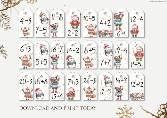 Adventskalender Zahlen für Kinder mit Rechenaufgabe druckbar - Etsy.de