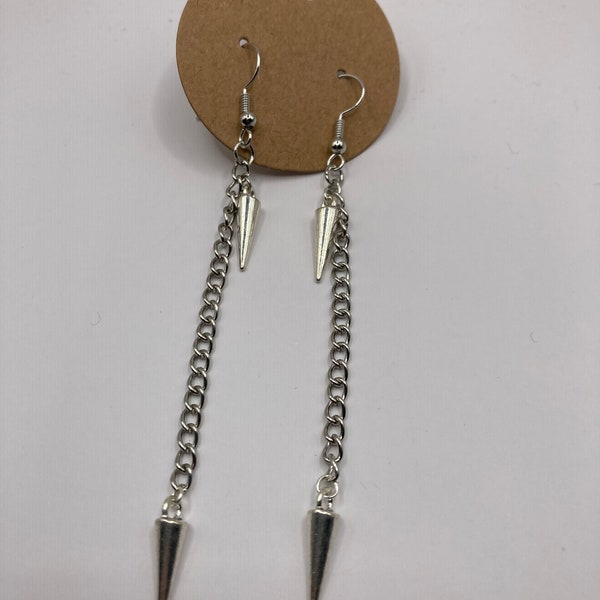Silver Color Dagger Spike Double on Chain Punk Goth Horror Handmade Homemade Dangle Earrings