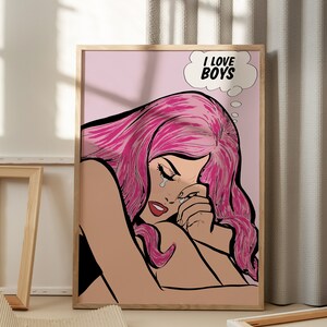 Pósteres rosados de I Love Boys, decoración de arte pop, cómic OMG Shock, arte de pared retro, impresiones digitales preppy, decoración de habitaciones preppy, personaje retro, Y2k