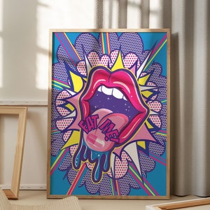 Pop Art - Wandkunst, Comic Popart, moderne Kunst, Schock Comic-Stil, Lippe Wand-Dekor, bunt Wohnkultur, Retro Pill Poster, Pille Comic, Zunge