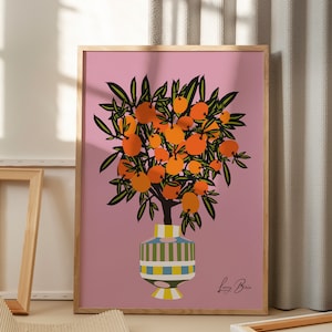 Orange Tree Plant Wall Art - Citrus Kitchen Decor, Floral Print, and Fresh Fruit Bouquet Illustration