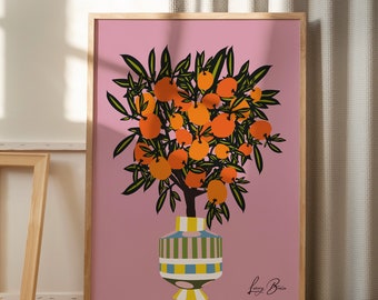 Orange Tree Plant Wall Art - Citrus Kitchen Decor, Floral Print, and Fresh Fruit Bouquet Illustration