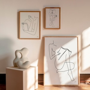 Book Art Woman Reading Line Drawing Art Print Set of 3, Wall Art Digital Decor, Book Lover, Feminine Modern Body Line Art, Minimalist Art