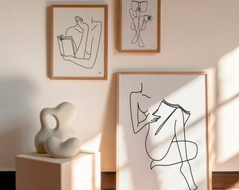 Book Art Woman Reading Line Drawing Art Print Set of 3, Wall Art Digital Decor, Book Lover, Feminine Modern Body Line Art, Minimalist Art